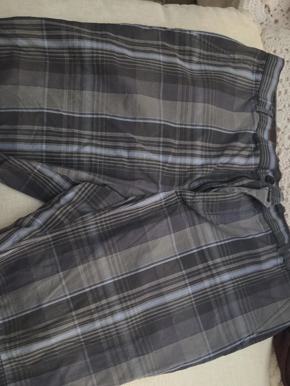 Perry Ellis Gray and Blue Plaid Flat Front Shorts